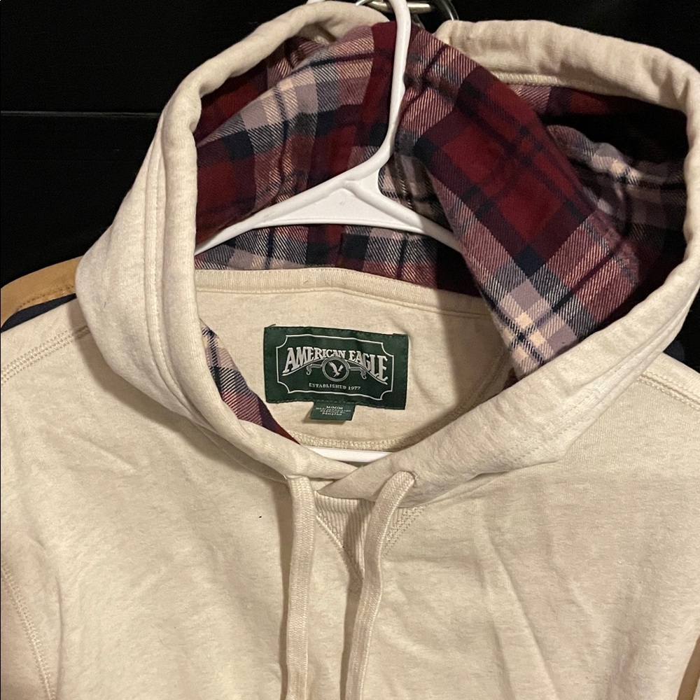 American Eagle Cream Hoodie with Plaid Lining
